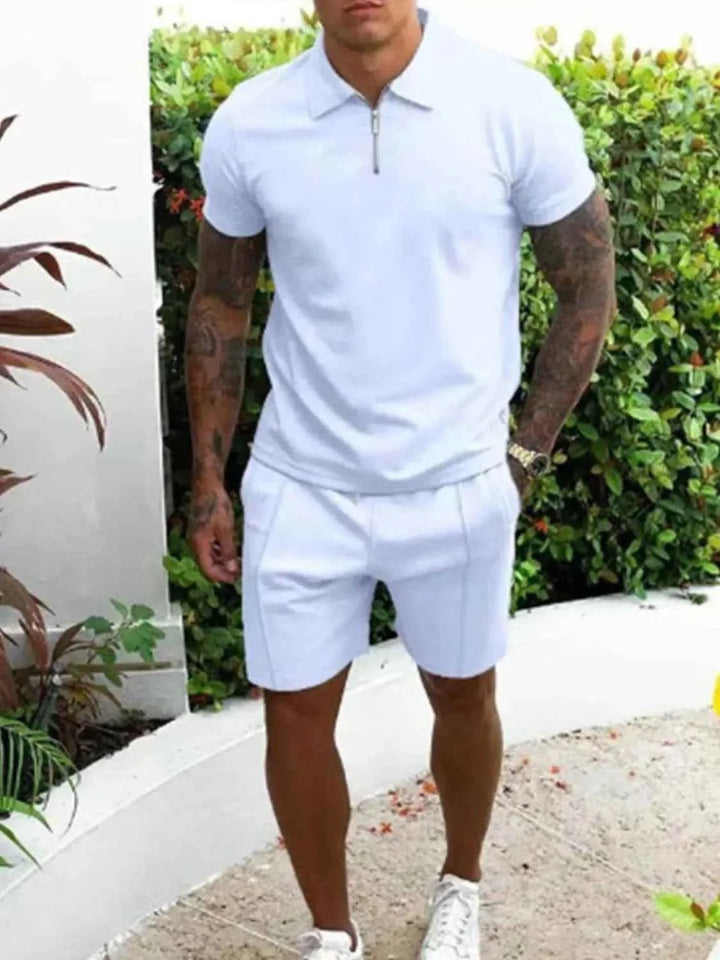 Men's Plus Size Collared Neck Outfits with Full Size Top and Shorts Set