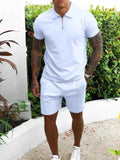 Men's Plus Size Collared Neck Outfits with Full Size Top and Shorts Set