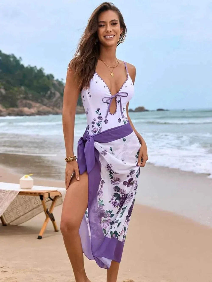 Printed Spaghetti Strap One-Piece : Cover Up Swim Set