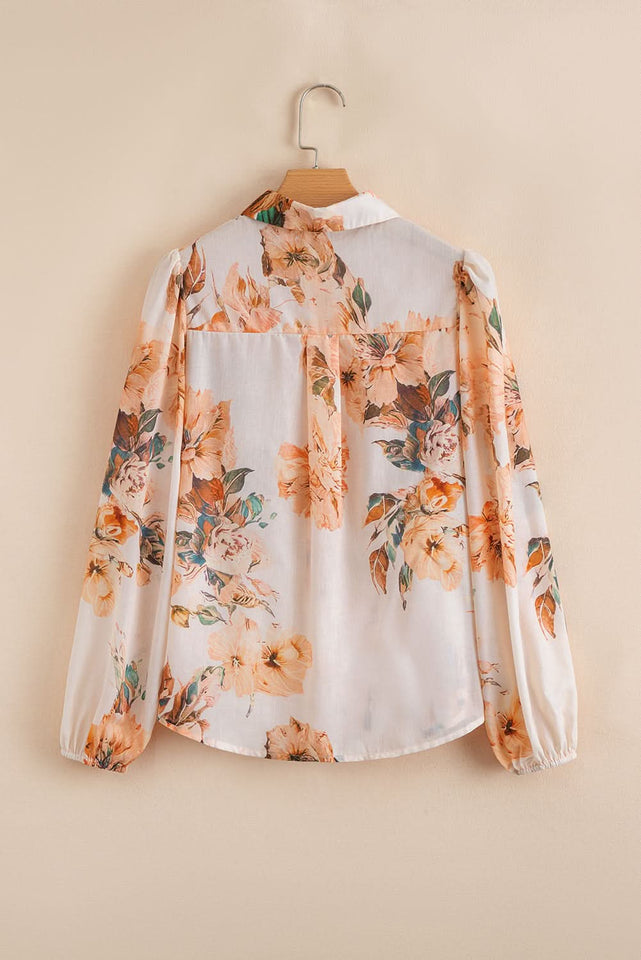 Orange Floral Puff Sleeve Polyester Lightweight Shirt