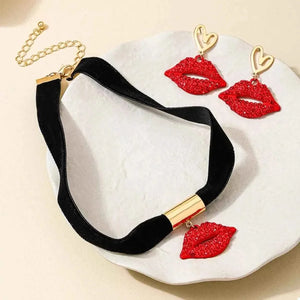 Rhinestone Lip Earrings and Necklace Jewelry Set