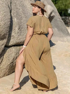 Plus Size Slit Ruffled : V-Neck Jumpsuit
