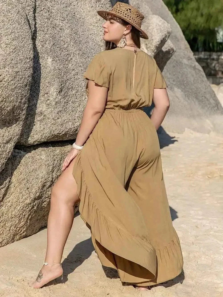 Plus Size Slit Ruffled : V-Neck Jumpsuit