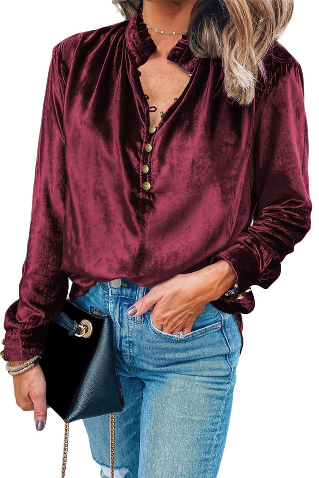 Red Velvet Frilled Buttoned V Neck Blouse Elegant Top