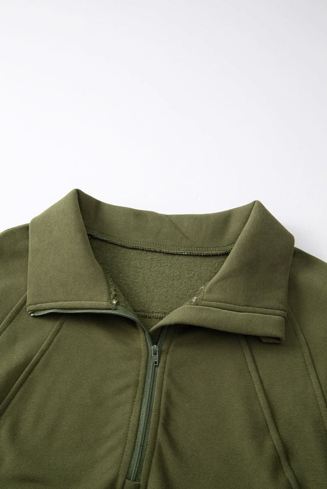 Green Zip Stand Collar Ribbed Thumbhole Sleeve Sweatshirt