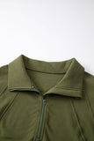 Green Zip Stand Collar Ribbed Thumbhole Sleeve Sweatshirt