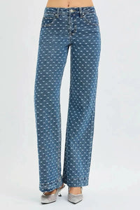 Risen High Rise Wide Leg Bow Embroidered Jeans For Women