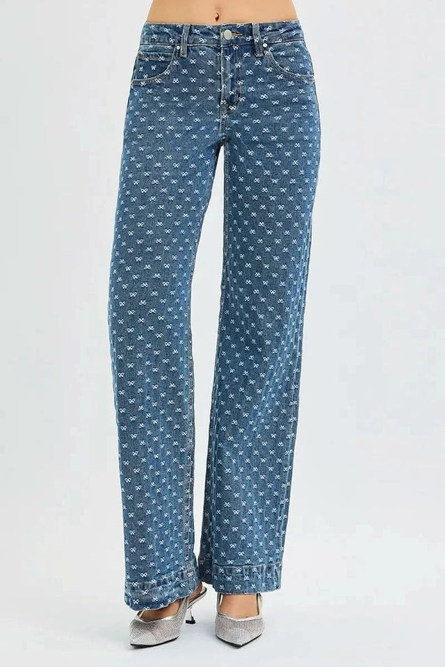 Risen High Rise Wide Leg Bow Embroidered Jeans For Women