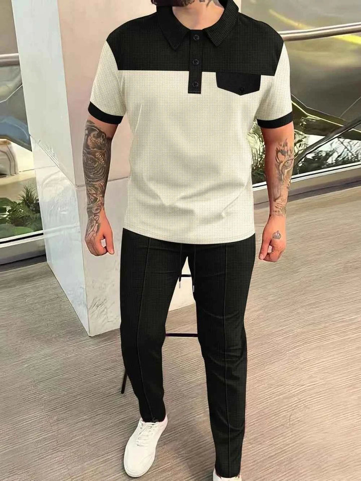 Men‘s Full Size Waffle-Knit Contrast Top and Pants Set Plus Size