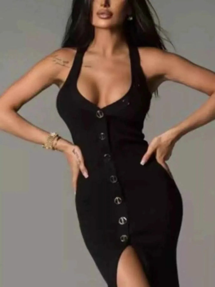 Halter Neck Button-Front : Bodycon Dress