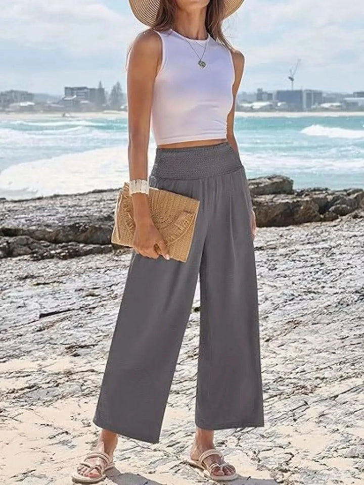 Wide Leg Smocked High Waist Pants With Pockets Polyester