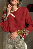 Racing Red Leopard Bow Decor Split Cuffs Contrast Trim Sweater