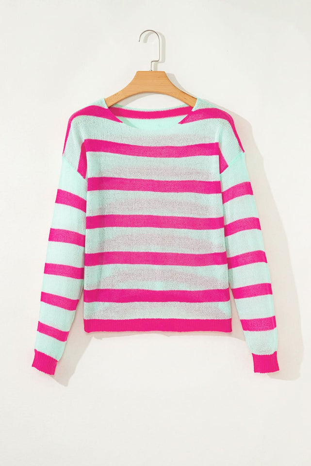 Green Striped Colorblock Knit Sweater With Round Neck