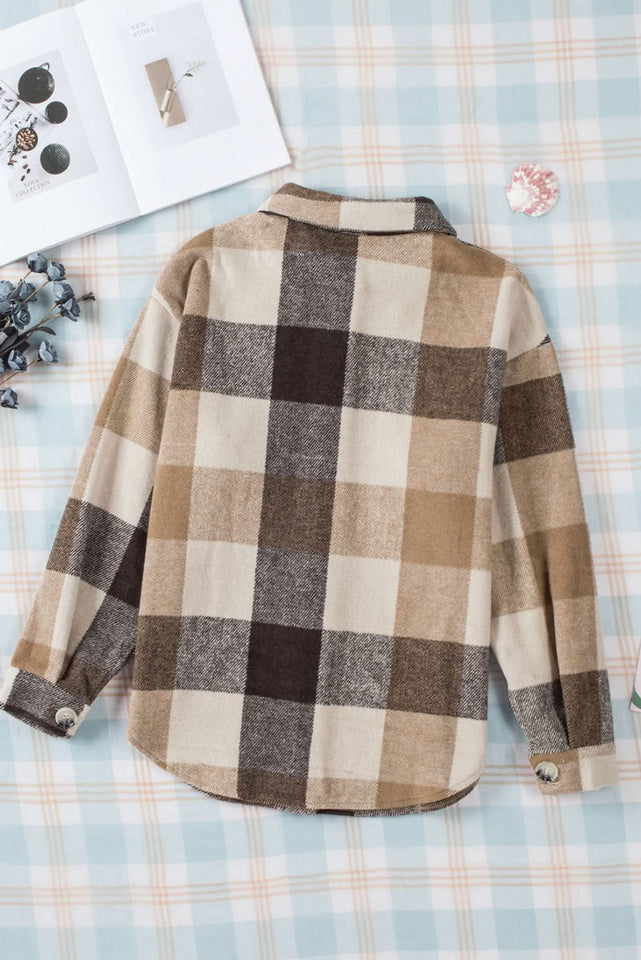 Khaki Plaid Color Block Shacket With Buttoned Pockets