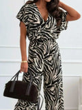 Leopard Print Short Sleeve : Wide Leg Jumpsuit