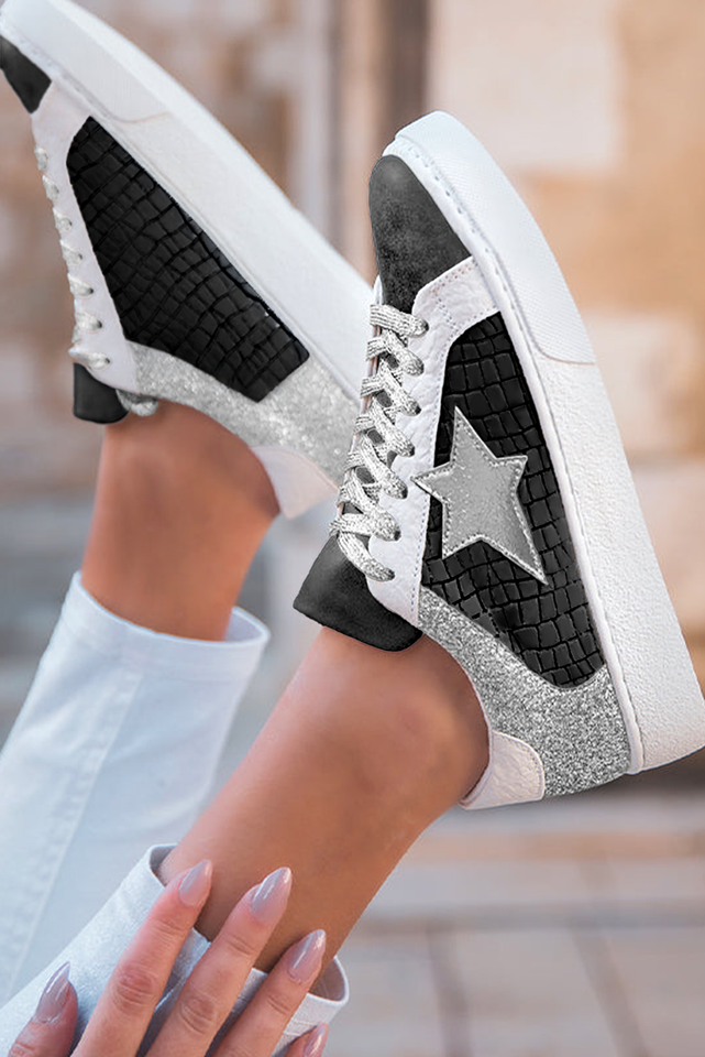 Gold Glitter Star Patchwork PU Leather Lace Up Sneakers