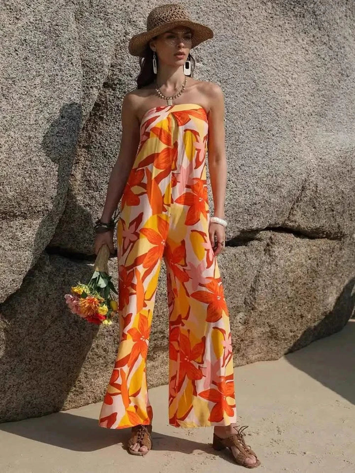 Wide Leg Jumpsuit - Tied Printed Tube