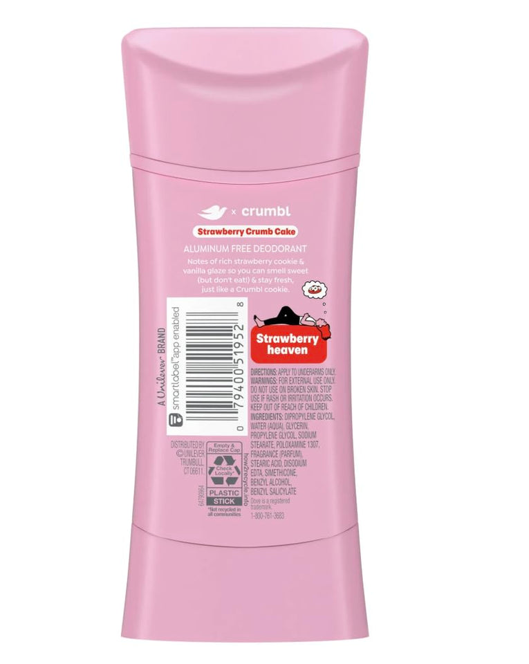 Dove x Crumbl 1 Pack Deodorant Stick Crumbl Strawberry Crumb Cake Aluminum Free, 2.6 oz