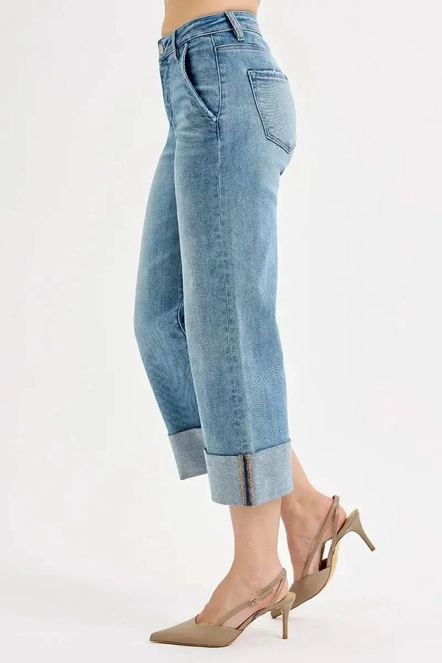 RISEN High Rise Ankle Wide Cuffed Jeans