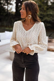 Beige Flower Lace V Neck Puff Sleeve Blouse For Women