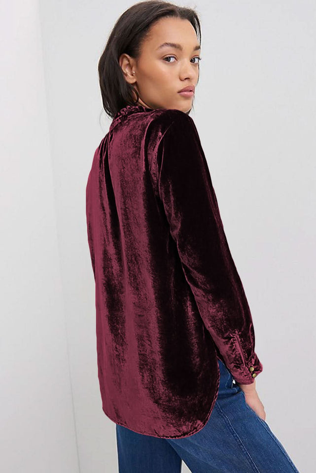 Red Velvet Frilled Buttoned V Neck Blouse Elegant Top