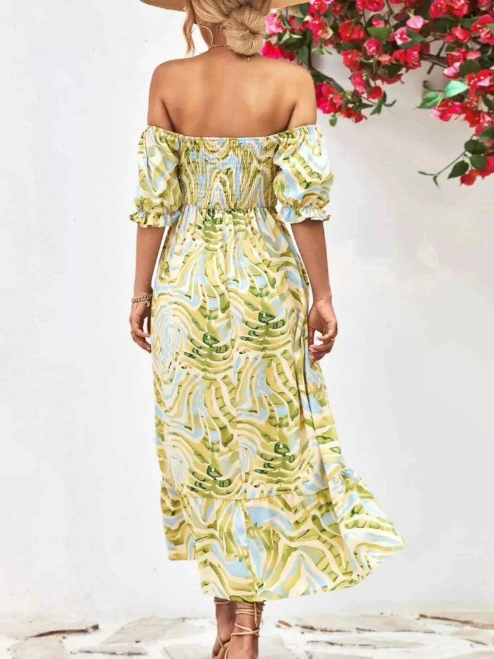 Smocked Printed Puff Sleeve : Midi Dress