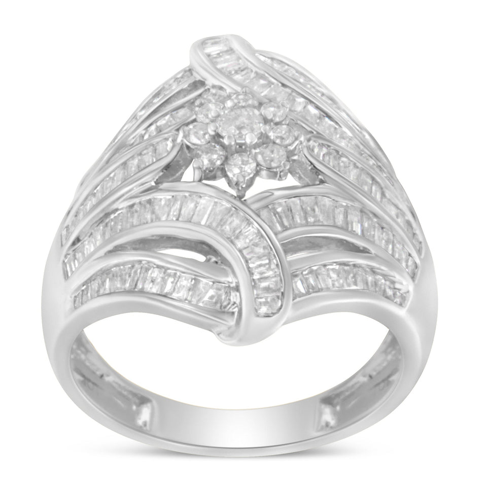 .925 Sterling Silver 1-1/8 Cttw Round & Baguette Diamond 'Flower & Fern' Cluster Cocktail Fashion Ring (I-J Color, I2-I3 Clarity) - Size 6