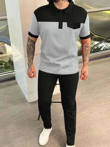Men‘s Full Size Waffle-Knit Contrast Top and Pants Set Plus Size