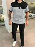 Men‘s Full Size Waffle-Knit Contrast Top and Pants Set Plus Size