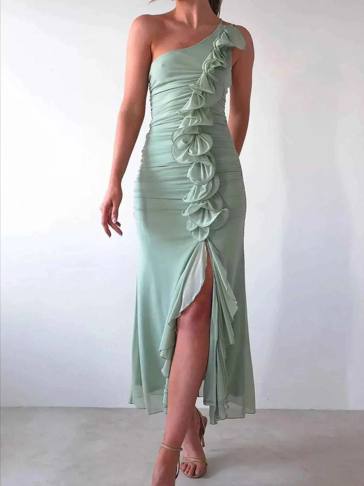 Stylish One-Shoulder Ruffle : Slit Dress
