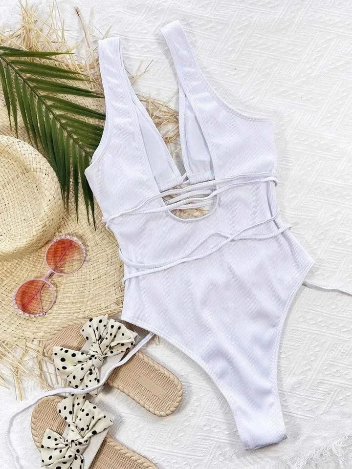 Ribbed Lace Up : One-Piece Swimsuit