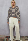 Pol V Neck Heart Pattern Checkered Sweater Oversized