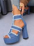 Denim Platform Block Heel Sandals : With Frayed Edge Detail