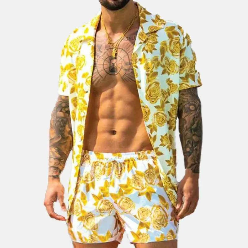 Men's Full Size Button Up Shirt and Shorts Set Plus Size