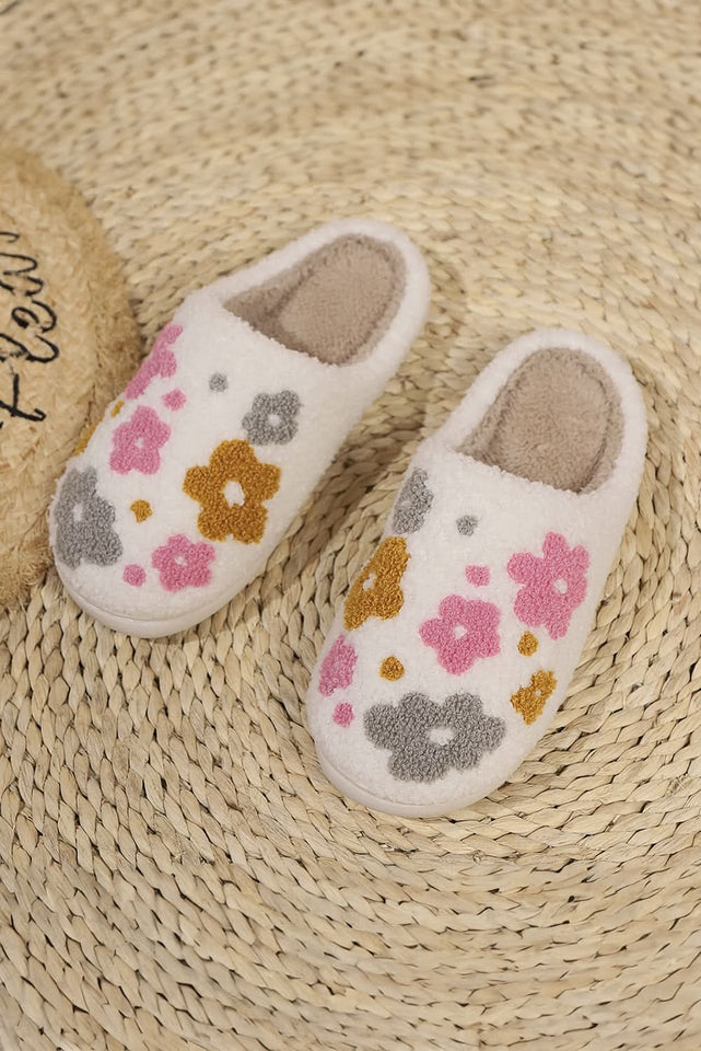White Floral Fuzzy Winter Slippers With Cloudlike Comfort