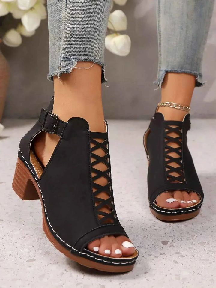 Crisscross Peep Toe : Block Heels Sandals