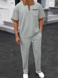 Men's Full Size Waffle-Knit Contrast Polo and Pants Set Plus Size