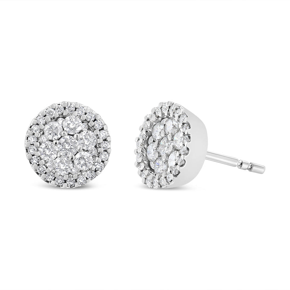 14K White Gold 1.0 Cttw Brilliant-Cut Diamond Halo-Style Cluster Round Button Stud Earrings (H-I Color, I1-I2 Clarity)
