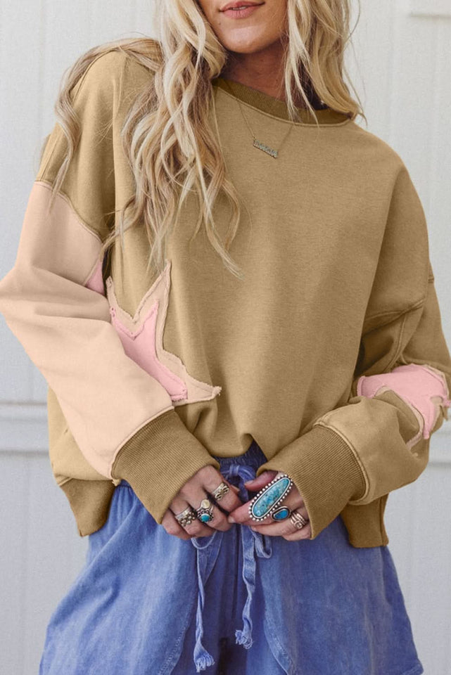Rose Pink Star Patchwork Sweatshirt With Uneven Hem Design