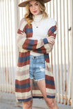 Dark Blue Color Block Striped Cutout Knit Cardigan