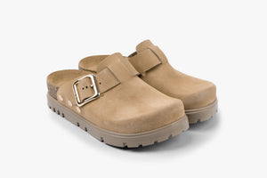 Andora II by LEON- Women’s Leather Platform Clog- Adjustable Buckle & Cork-Style Slide
