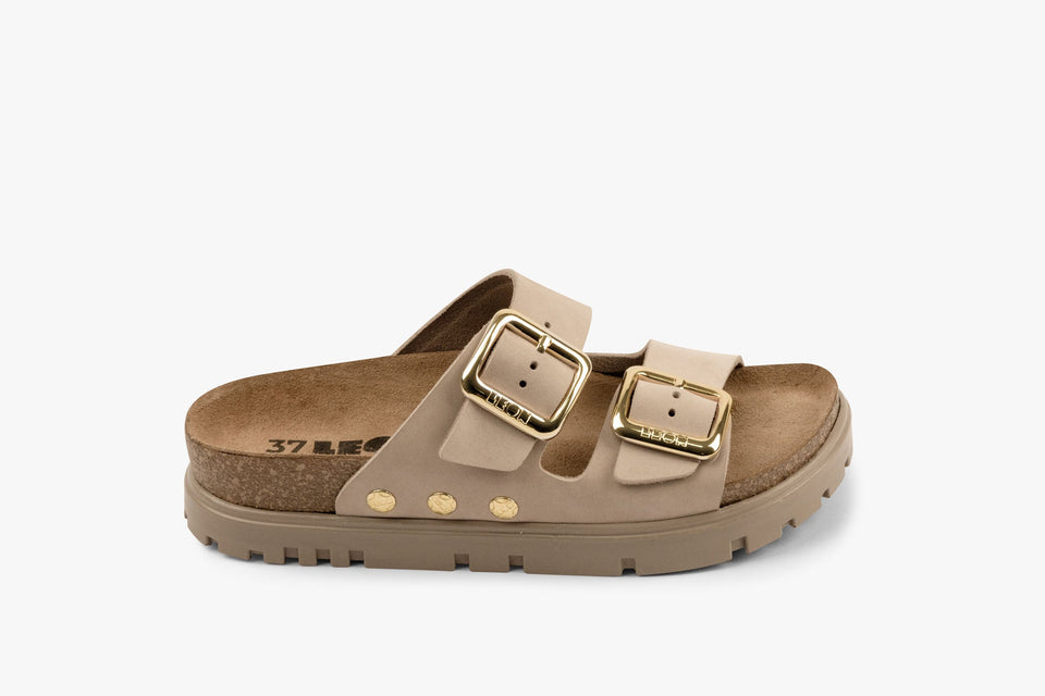 Portofino II by LEON- Women’s Leather Sandal – Double Strap Slide with Cork-style Footbed & Adjustable Buckle