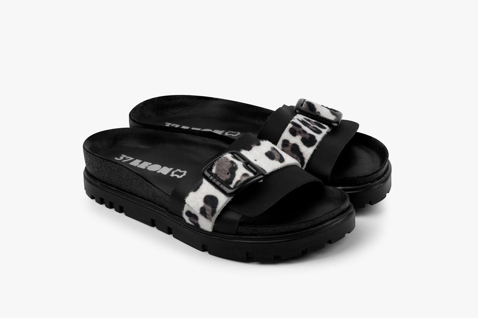 Tessa by LEON- Women’s Leather Sandal – Layered Strap Slide with Cork-style Footbed & Adjustable Buckle