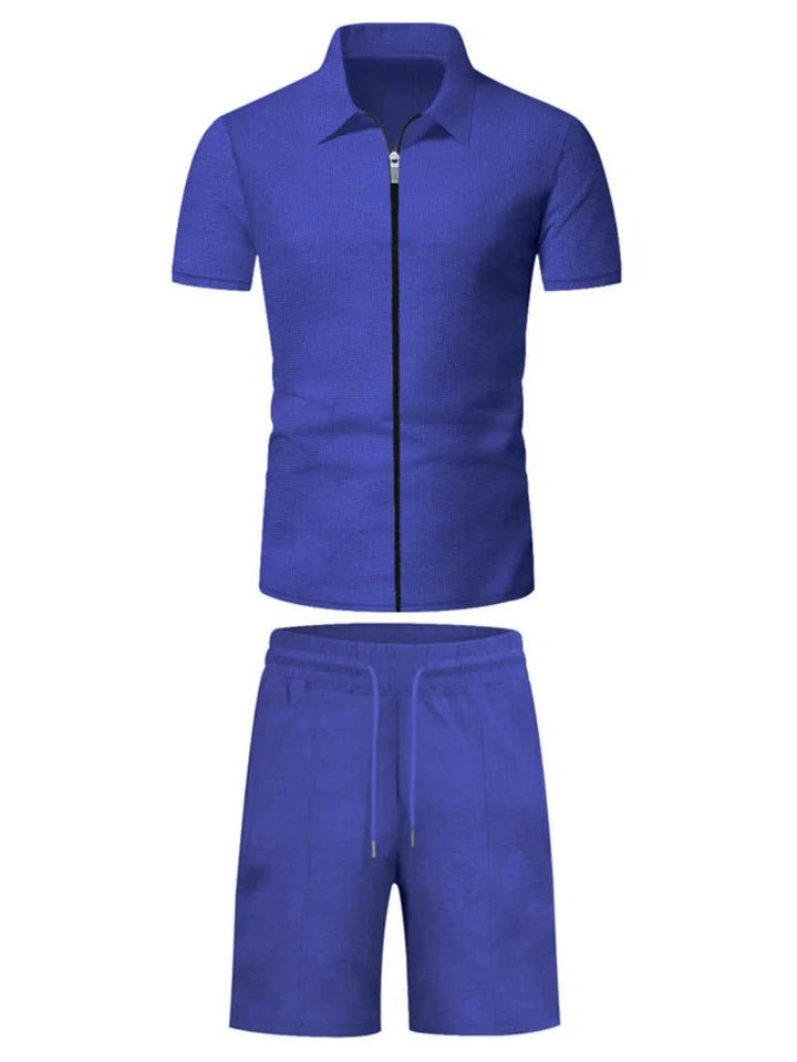 Men's Plus Size Zip Up Short Sleeve Top and Shorts Set