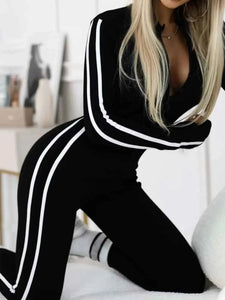 Full Size Stripe Zip-Front : Long Sleeve Jumpsuit Plus Size