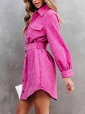 Stylish Button Front Belt Long Sleeve : Corduroy Dress