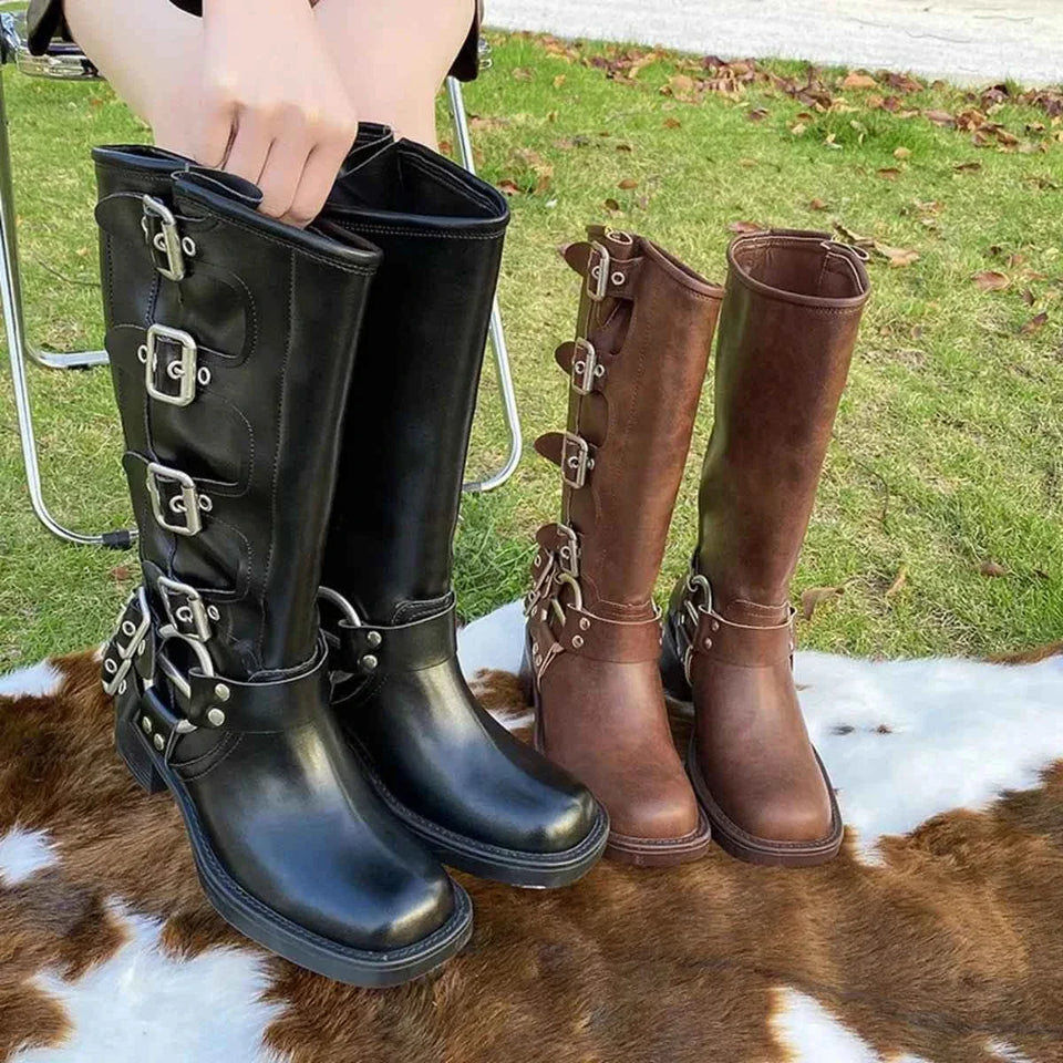 Block Heel Knee High : Motorcycle Boots With Buckle