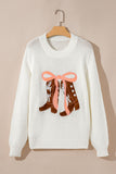White Embroidered Bow Graphic Drop Shoulder Sweater