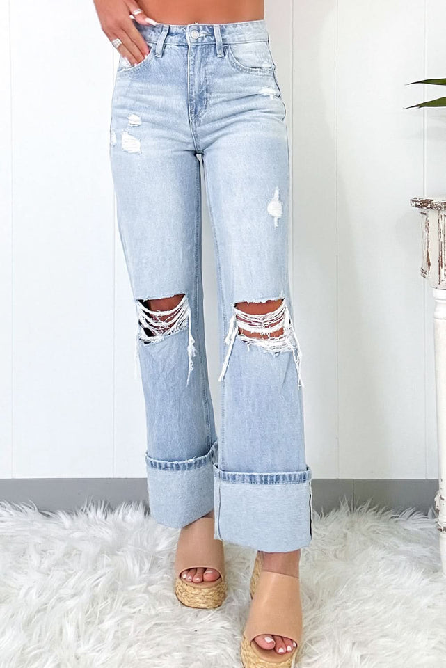 Beau Blue Light Wash Distressed Flare Jeans High Waist