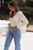 Beige Flower Lace V Neck Puff Sleeve Blouse For Women
